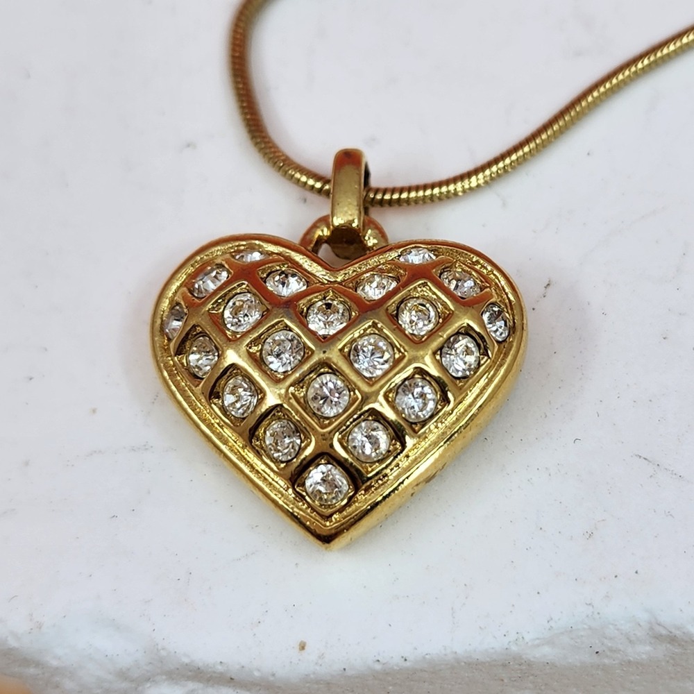 Monet Gold Tone Rhinestone Heart Pendant Snake Chain Necklace Vintage Glam Gift